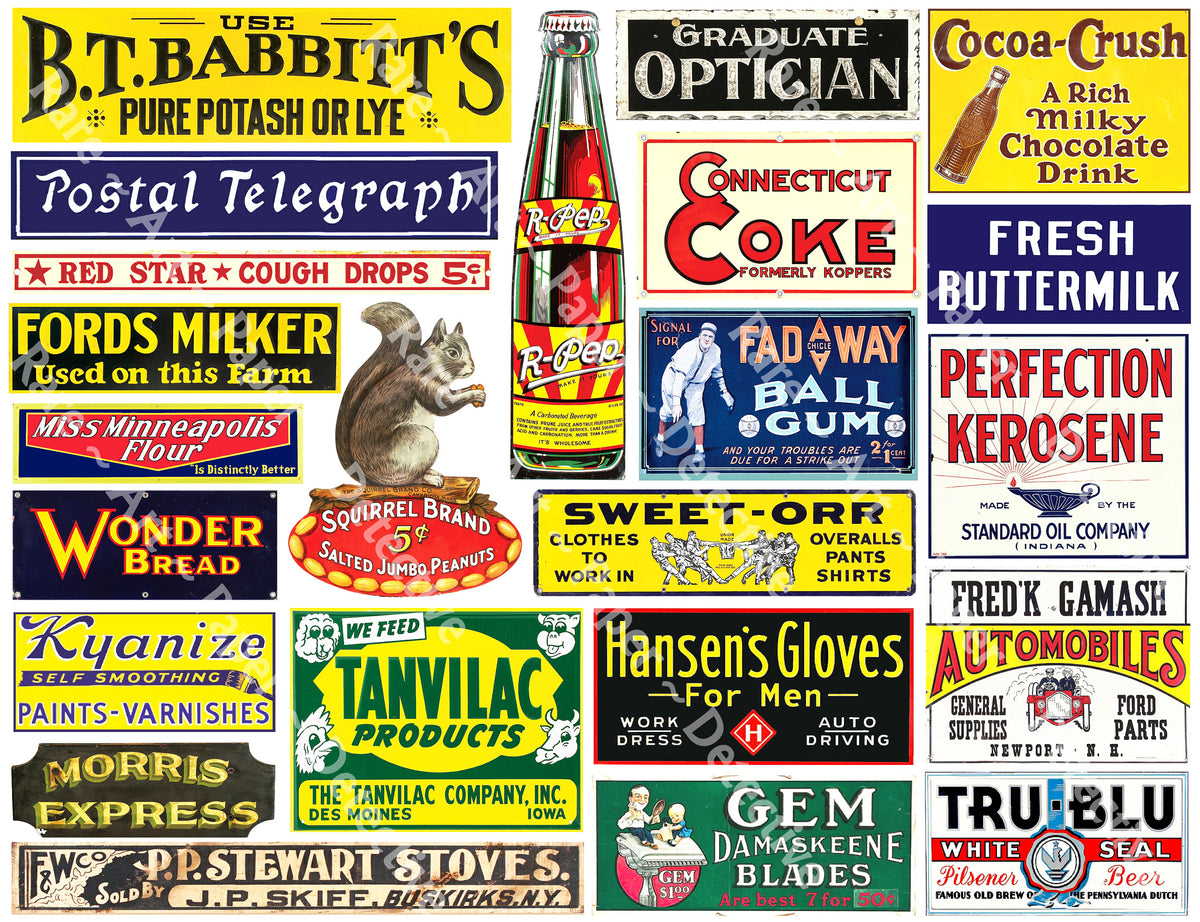 Miniature Advertising Signs, General Store Stickers Featuring a