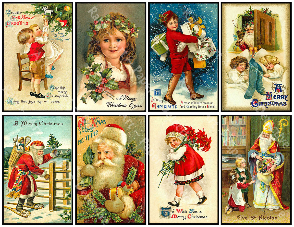 Vintage Christmas Stickers, 8 Pcs. Deluxe Set of Old Fashioned