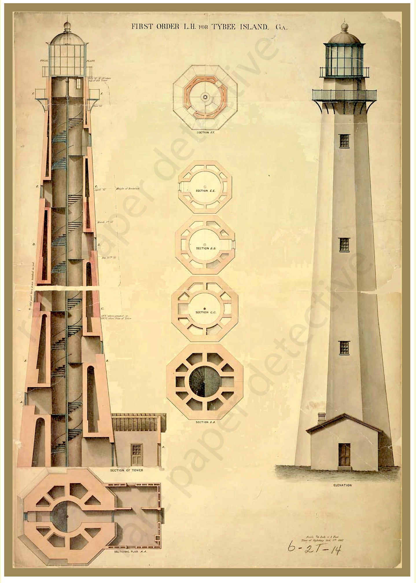 Lighthouse Illustration, 7" x 10" Wall Art, Antique Lighthouse Print, Coastal & Nautical Décor, Light Station Architectural Drawing, 21-60