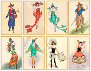 Costume Illustration Stickers Women in Whimsical Outfits Vintage Characters in Fancy Clothes Scrapbook, 4" Tall Stickers, Cut & Peel Sheet, 1320