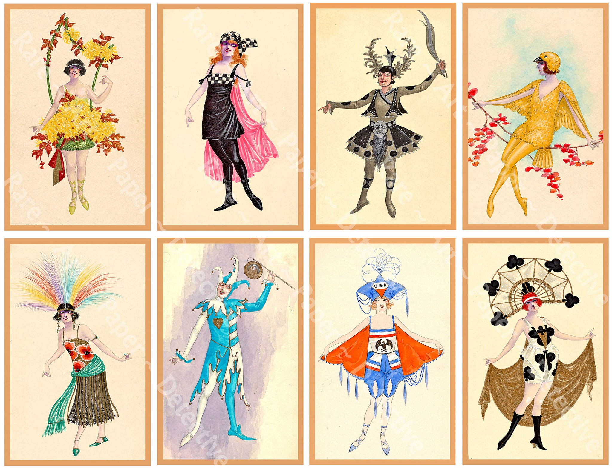 Costume Illustration Stickers Women in Whimsical Outfits Vintage Characters in Fancy Clothes Scrapbook, 4" Tall Stickers, Cut & Peel Sheet, 1321