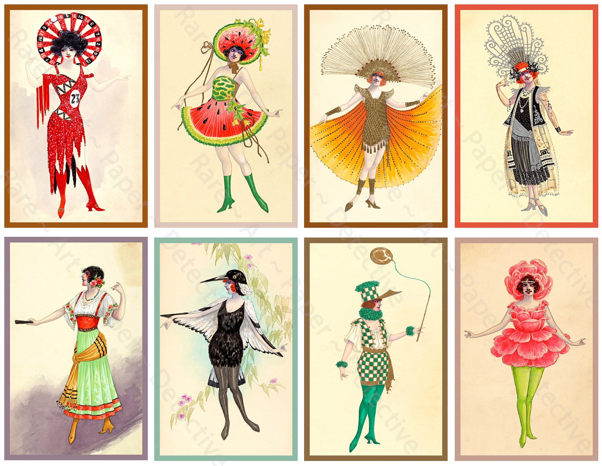 Costume Illustration Stickers Women in Whimsical Outfits Vintage Characters in Fancy Clothes Scrapbook, 4" Tall Stickers, Cut & Peel Sheet, 1322