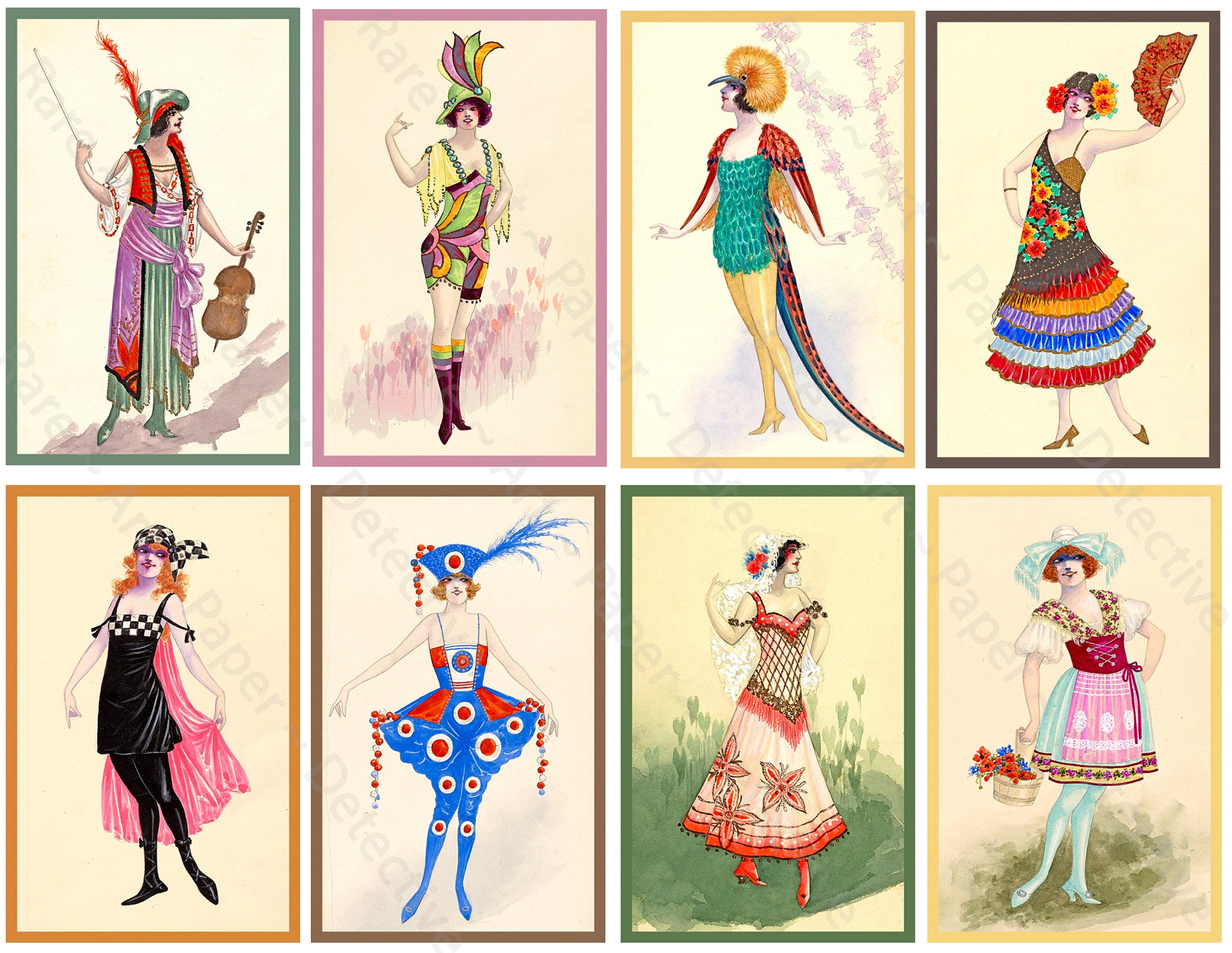 Costume Illustration Stickers Women in Whimsical Outfits Vintage Characters in Fancy Clothes Scrapbook, 4" Tall Stickers, Cut & Peel Sheet, 1324