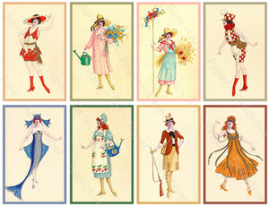 Costume Illustration Stickers Women in Whimsical Outfits Vintage Characters in Fancy Clothes Scrapbook, 4" Tall Stickers, Cut & Peel Sheet, 1325