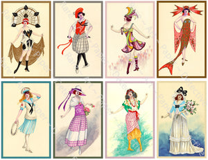 Costume Illustration Stickers Women in Whimsical Outfits Vintage Characters in Fancy Clothes Scrapbook, 4" Tall Stickers, Cut & Peel Sheet, 1326
