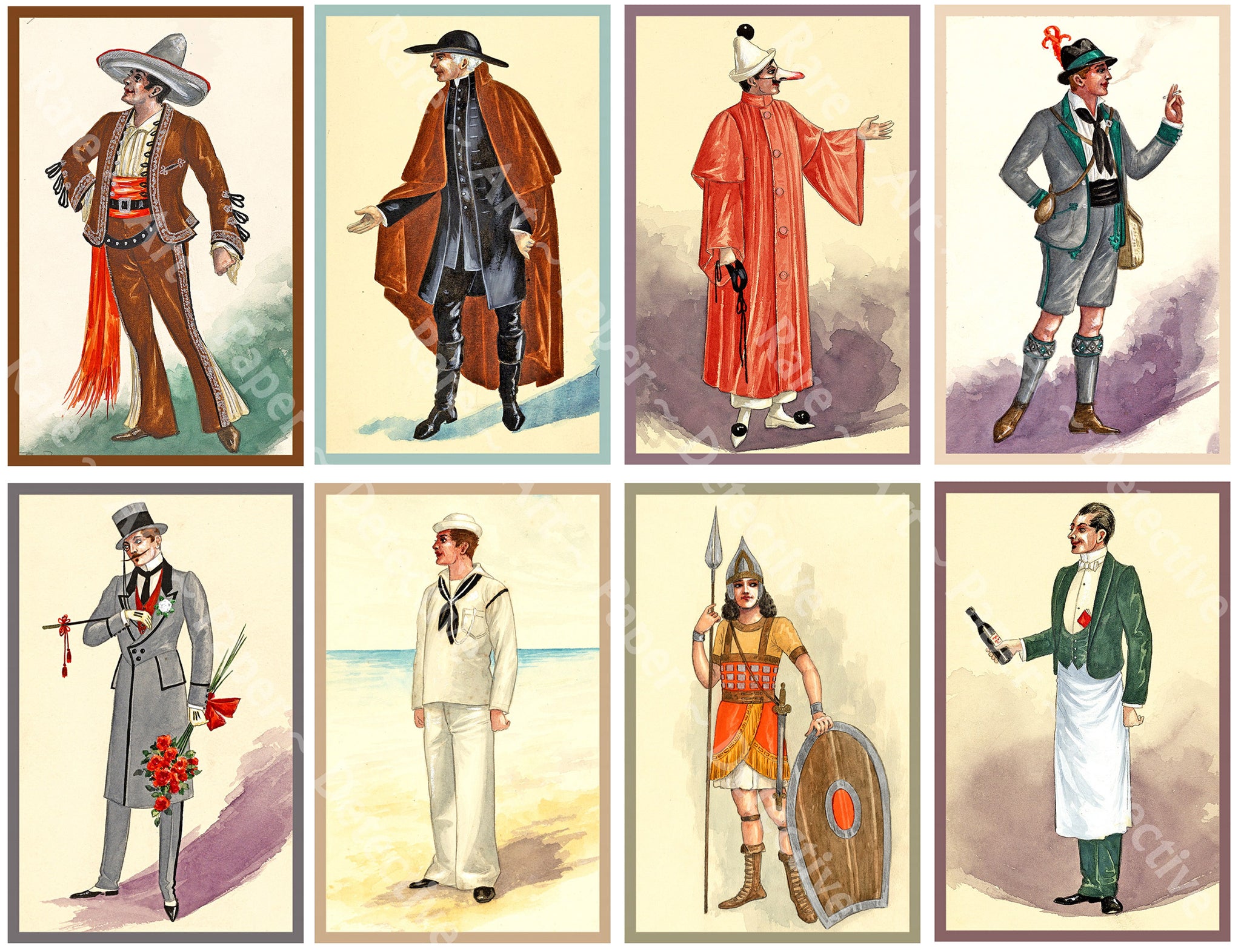 Costume Illustration Stickers Men in Whimsical Outfits Vintage Characters in Fancy Clothes Scrapbook, 4" Tall Stickers, Cut & Peel Sheet, 1328