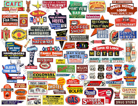 Model Train & Dollhouse Signs, 1950's Classic Americana DIY Sticker Sheet, 68 Multi Scale Hobby Images, 1330