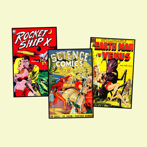 Sci Fi Comic Book Postcard Sticker Illustrations Vintage Style Comics Images for DIY Postcards, 3.5" x 5.5" each, Set 56