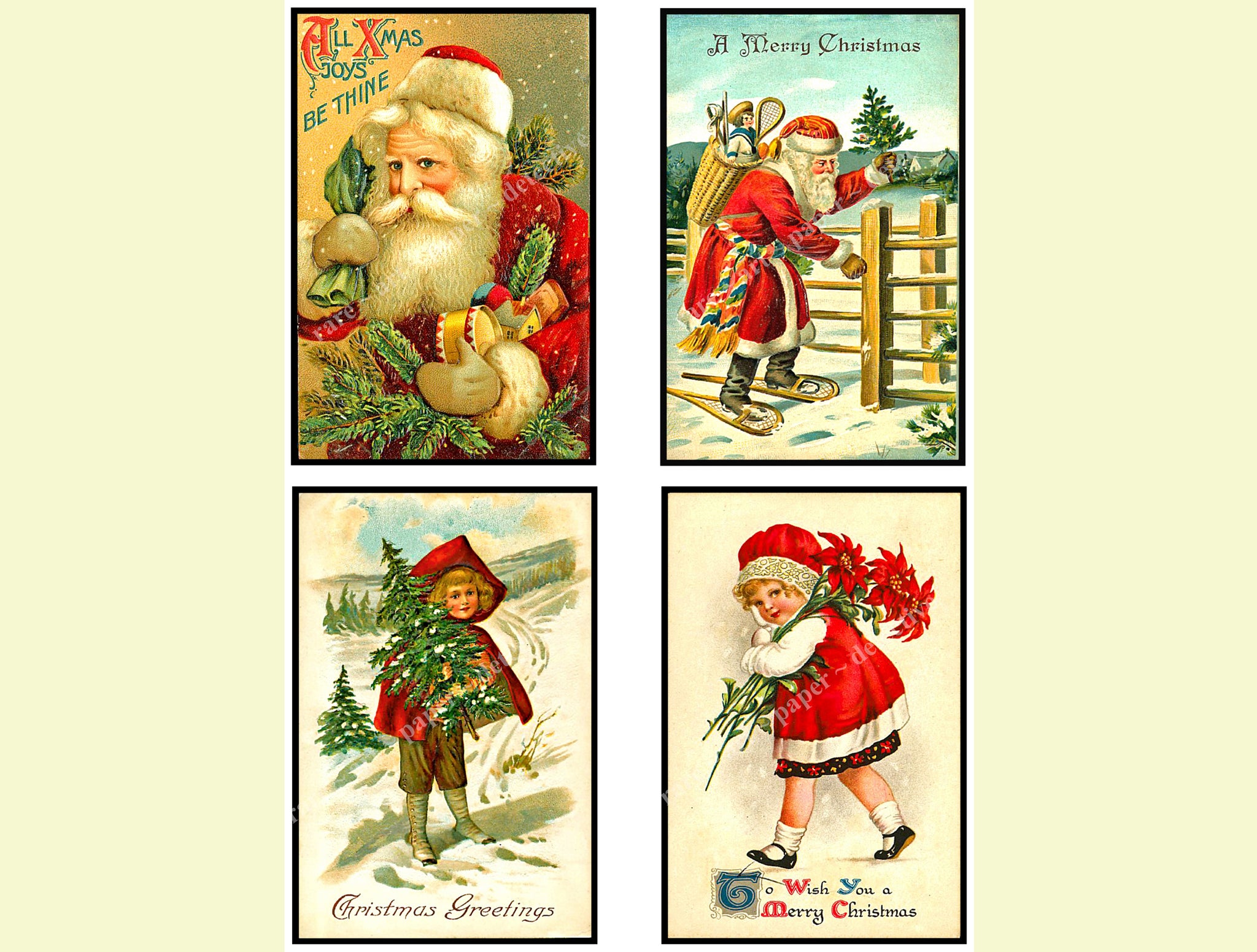 Vintage Christmas Stickers, 8 Pcs. Deluxe Set of Old Fashioned Postcard  Journal Images, 4 x 2.5 each, 903