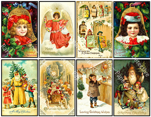 Christmas Stickers Deluxe Set of 8 Old Fashioned Postcard 